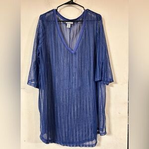 Catherine’s Sheer Mesh Tunic, Blue Size 1X V-neck, Swim Coverup